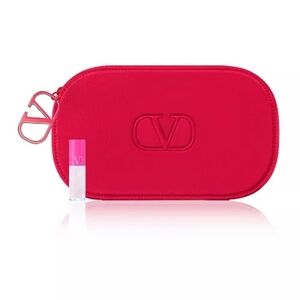 Valentino Beauty Red Designer Logo Pouch w Mini Puffer Lipgloss Gift Set